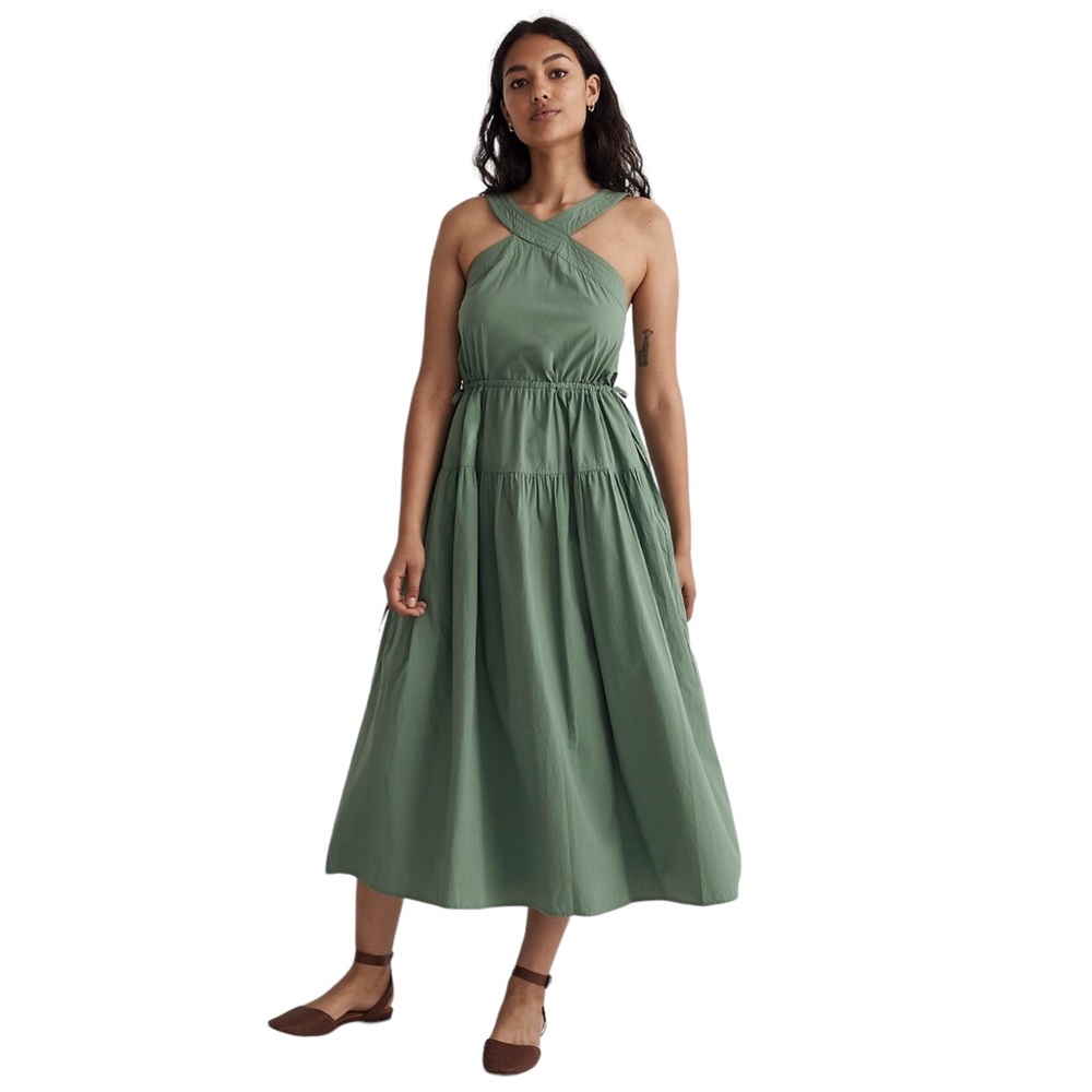 MADEWELL Poplin Halter Tiered Midi Dress in Versailles Green